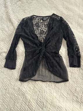 BKE Boutique Black Floral Lace Sheer Twist Front Top